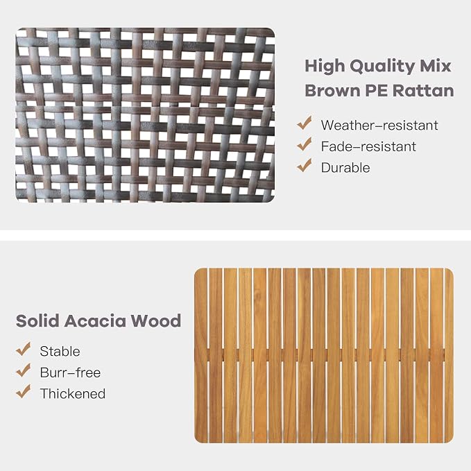 4 Pieces Outdoor Acacia Wood Furniture Sofa Set, Outdoor PE Wicker Conversation Set with Coffee Table and Soft Cushions for Garden, Poolside and Backyard (1, Grey)