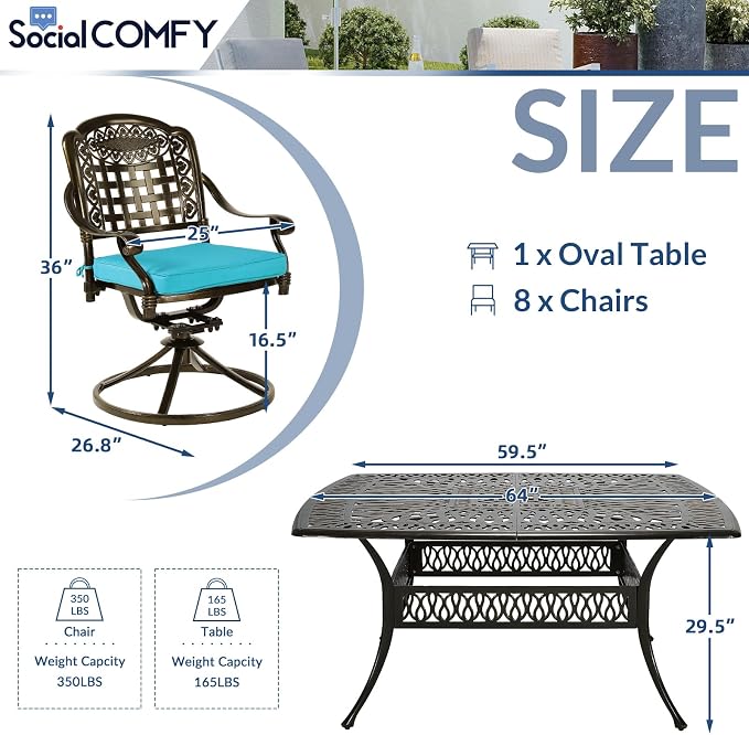SOCIALCOMF 9-Piece Patio Cast Aluminum Dining Set, Outdoor Table and Chairs Set for 8, Includes 64" Large Square Dining Table and 8 Swivel Rocker Chairs with Umbrella Hole for Lawn Garden, Ocean Blue