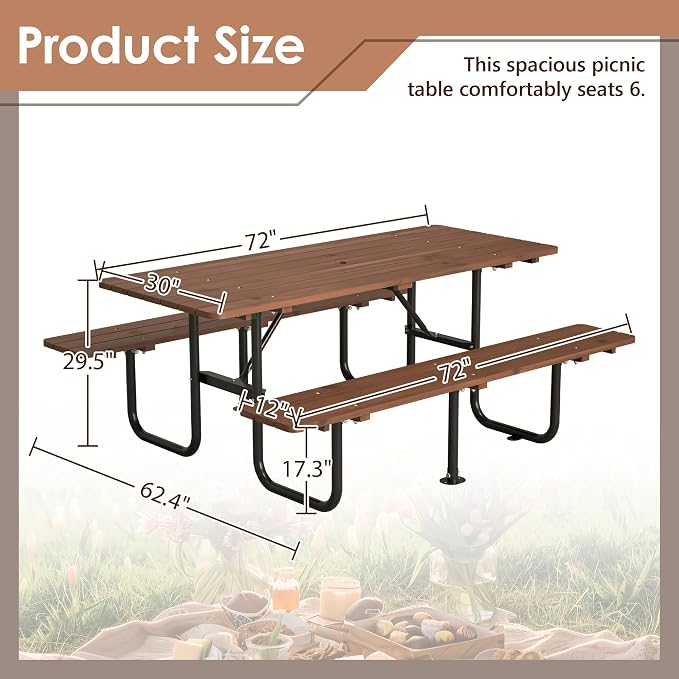 72" Rectangular Commercial Picnic Table for 6 Person, Heavy Duty Outdoors Dining Table Set with Wooden Top, Metal Legs,1.97" Umbrella Hole,Waterproof & Corrosion-Resistant, Ideal for Garden, Backyard