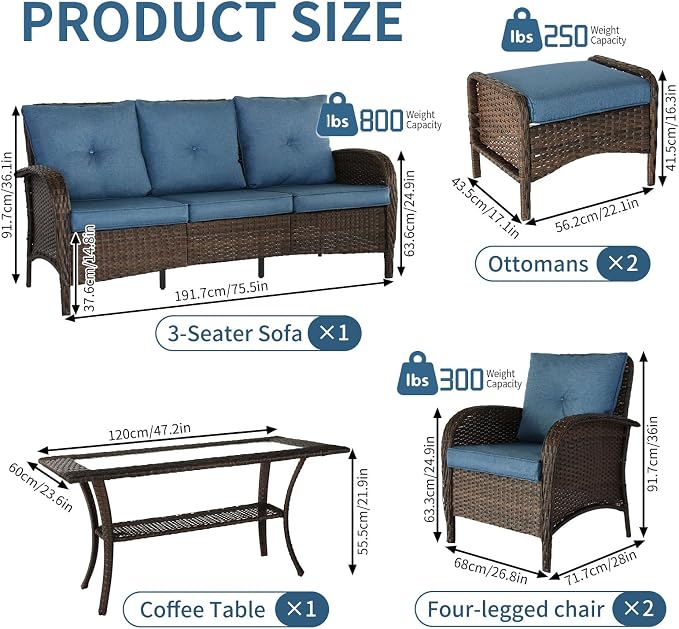 Outdoor Swivel Rocker Patio Chairs (Brown Wicker/Blue Cushion, 6PC/Sofa & Chair &Coffee Table & Ottomans)