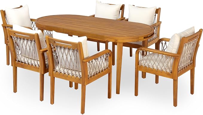 Christopher Knight Home Domac Acacia Wood Dining Table Set for 6, Solid Wood Outdoor Dining Set for 6, Oval Patio Dining Table and Chair Set with Cushion & Rope Accent, Cream Beige + Oatmeal + Teak