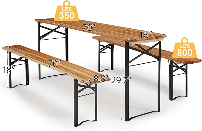 AVAWING 5.8FT 3-Piece Portable Picnic Table Bench Set, 6-8 Person Folding Wooden Dining Table Set，70" Patio Beer Table for Outdoor Activities Garden BBQs Parties Camping