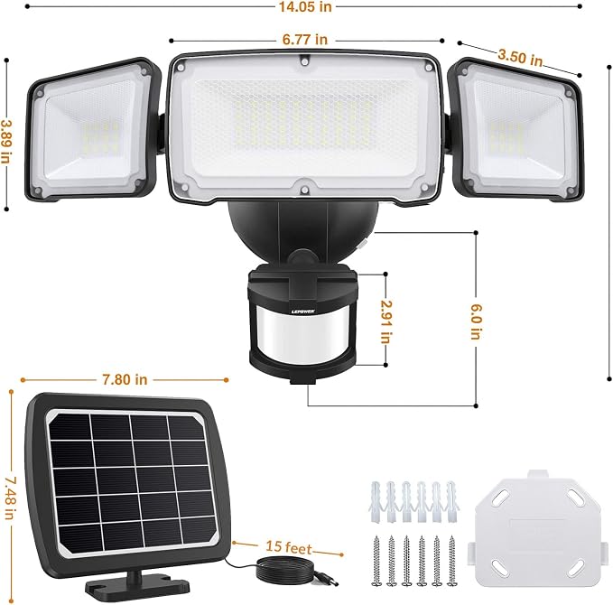 LEPOWER Solar LED Security Lights, PIR Motion Sensor Outdoor, 1600LM, Yard | 5500K Daylight, 72FT180° Motion Sensor Flood Light, 3 Adjustable Head, Easy Install, IP65 Waterproof for Porch, Patio, Garage