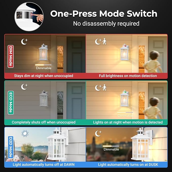 White Dusk to Dawn Outdoor Lighting, Modern Exterior Lighting Fixtures with Motion Sensor 4 Modes, Patio Lights Outside Waterproof for House, Garden, Front Porch, Brightness Distance Adjustable