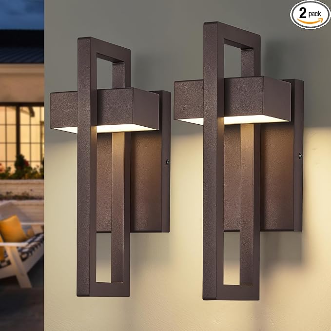 Modern LED Outdoor Wall Sconce Brown Outdoor Lights for House, 13.7'' LED Exterior Lighting Fixtures Outside Wall Mount Lights for Front Porch Hallway, Warm White 3000K, 2 Pack