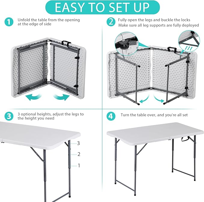 4 FT Folding Table, Fold in Half, Heavy Duty Portable Plastic Table w/Handle for Picnic Party Camping Dining Indoor Outdoor, Lightweight White