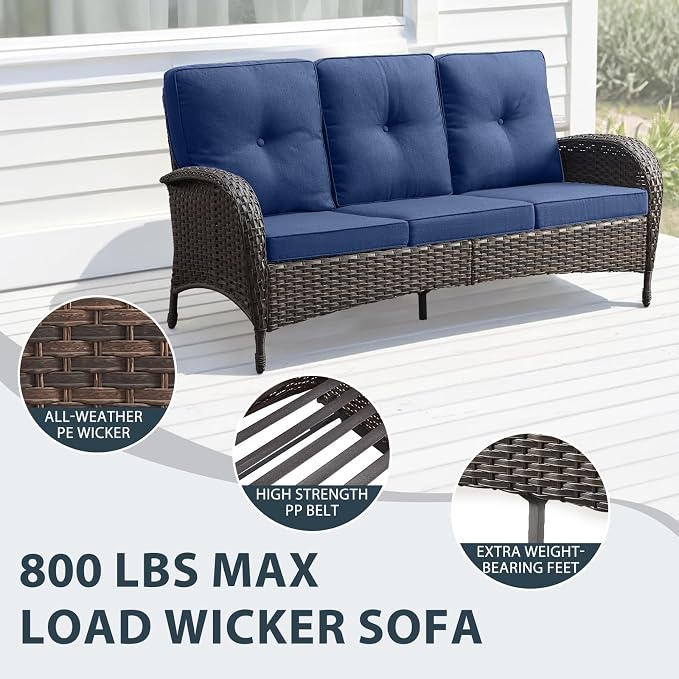 7 Piece Patio Furniture Set - Wicker Patio Conversation Set with Swivel Glider, Glider Loveseat, Tempered Glass Side Table and 2 Ottomans for Deck Backyard - Brown Wicker Blue Cushion