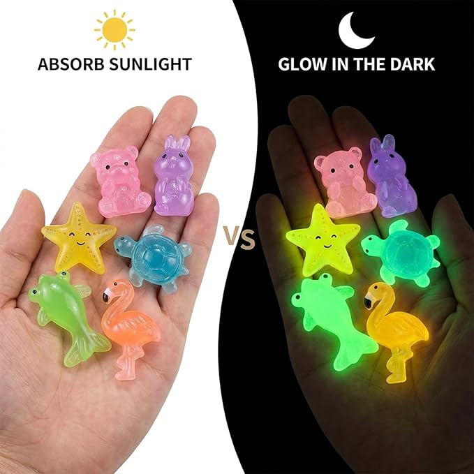 200 Pcs Mini Resin Animals Blind Bags, Glow in The Dark & Glitter Mystery Animals, Individually Wrapped Tiny Luminous Miniatures for Fairy Garden, Micro Landscape, DIY Crafts