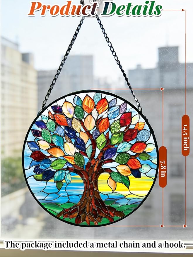 Tree of Life Stained Glass Suncatcher Window Hanging Birthday Gifts | 7.8in Garden Sun Catcher, Colorful Tree Art Sunrise Ornament for Door Home, Gift for Women Men & Mother's Day Christmas