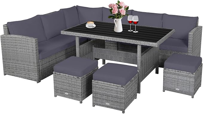 RELAX4LIFE 7 PCS Wicker Patio Furniture Set, Outdoor Rattan Sofa Set with Dining Table & Ottomans Soft Cushions for Backyard Garden Poolside Balcony, Sectional Conversation Couch Set (Gray)