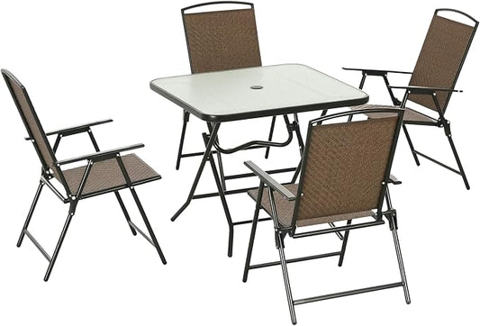 Outsunny 5 Pieces Wicker Patio Dining Set, Foldable Outdoor Table and Chairs, Wicker Furniture Dining Set with Umbrella Hole, Tempered Glass Table, Dark Brown