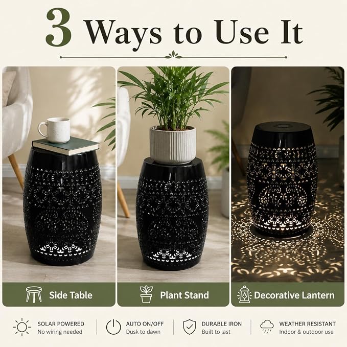 12" Outdoor Solar Side Table, Decorative Cutout Metal Round Side Table, Multi Functional - Coffee Table, Night Stand, Plant Stand for Patio, Garden, Backyard, Gazebo Indoor (Black)