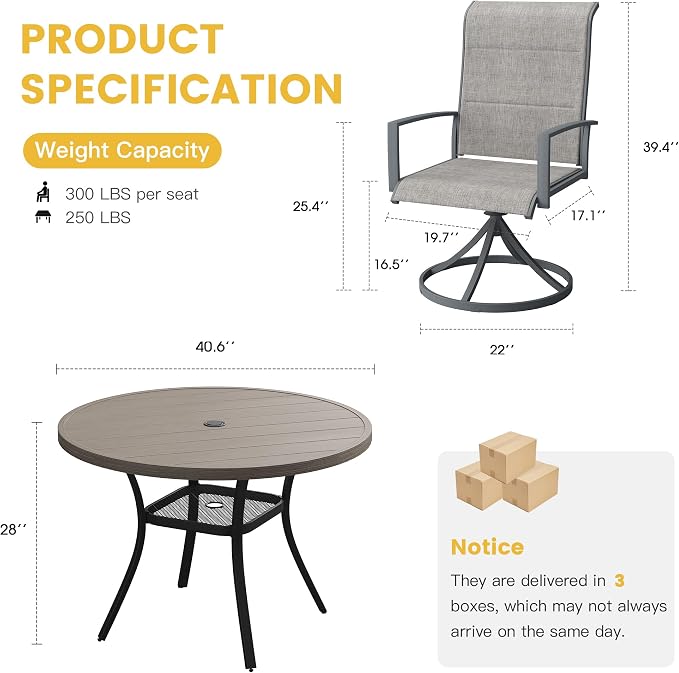 VICLLAX Patio Dining Set for 4, 5 Pieces Outdoor Furniture Set- 40.7" Round Outdoor Table and Swivel Padded Chairs, Grey Wood Grain Tabletop and Grey Fabric