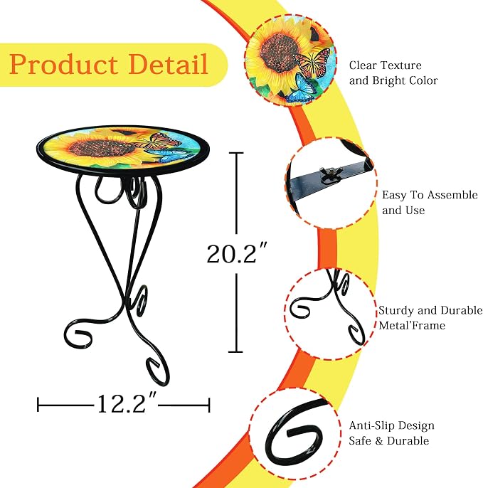 Sunflower Butterfly Side Table with Glass Top & Metal Base Furniture Decor | Manortang; 12 Inch; Side Table; Glass Top & Metal Base; Living Room Decor; handicrafts; Indoor & Outdoor; Great gift choice