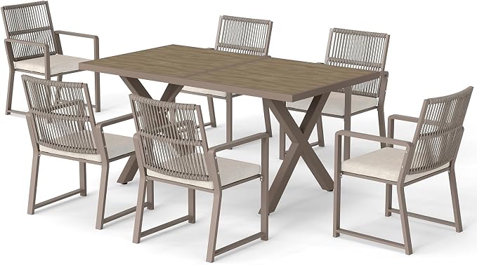 7 Pieces Outdoor Dinning Set Featuring 1 Aluminum Table and 6 Iron Alloy Ratten Chairs Waterproof and Rust-Proof Courtyard Style Table Garden Balcony Poolside, Light Brown 7 Pcs