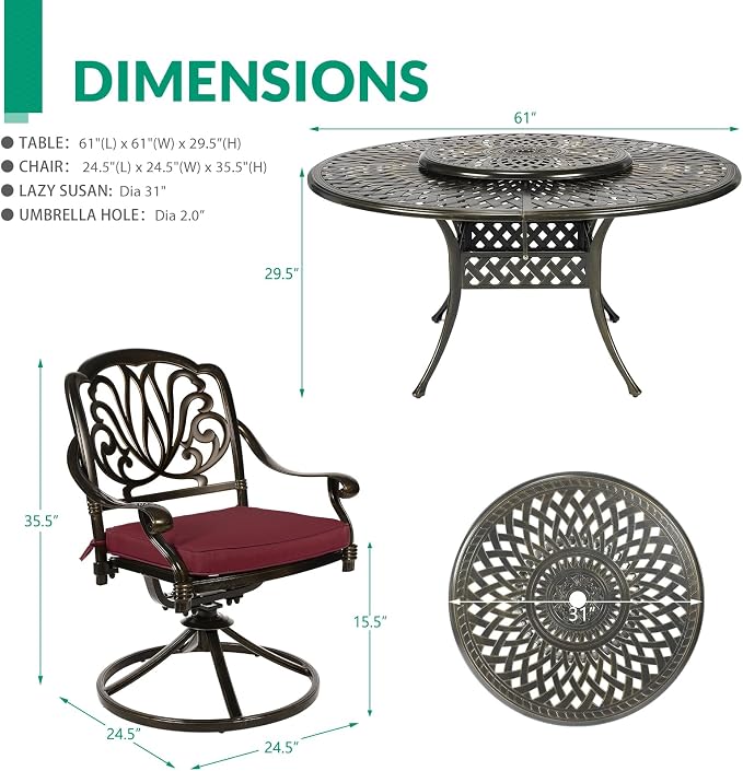 VIVIJASON 9-Piece Patio Dining Set, Rust-Free Cast Aluminum Outdoor Conversation Set, Includes 8 Swivel Dining Chairs & 61" Round Dining Table with 31" Lazy Susan, Umbrella Hole, Red