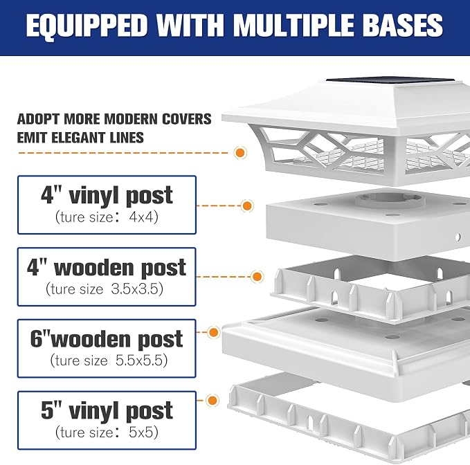 VOLISUN Solar Post Cap Lights: 6 - Pack Outdoor Deck Post Cap Lights White for Dock Fence Waterproof 2 Color Modes,4x4/6x6 Wooden/Vinyl Posts