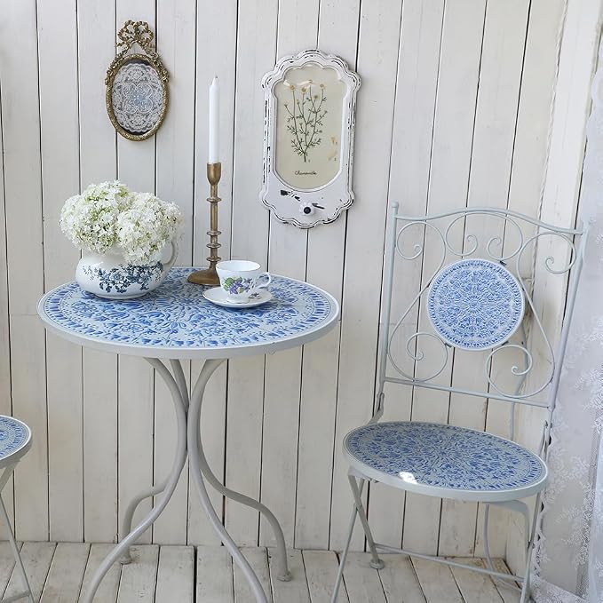 Round Outdoor Side Table Patio Bistro Ceramic Mosaic Patterned Design Tile Top Round Table Outdoor Garden 24 Inch Metal Furniture Dining Table for Yard Balcony Porch Poolside Terrace Blue Flower