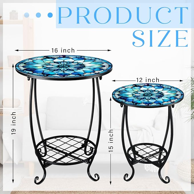 Cinnvoice 2 Pcs Outdoor Side Table Small Patio Round Mosaic Accent End Table Indoor Plant Metal Coffee Tea Tables for Patio Yard Porch Garden Living Room(12" and 16",Mandala Style)