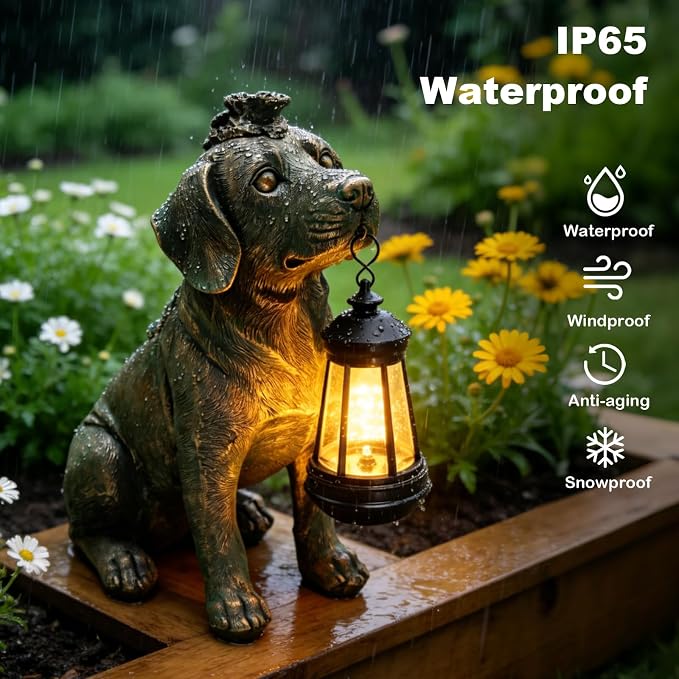 Solar Garden Statue Dog Figurine Decor with Lantern Lights, 11 Inch Outdoor Decoration Solar Dog Sculptures for Outside Patio Lawn Balcony Yard Ornament, Dogs Lover Gifts for Women Mom Birthday