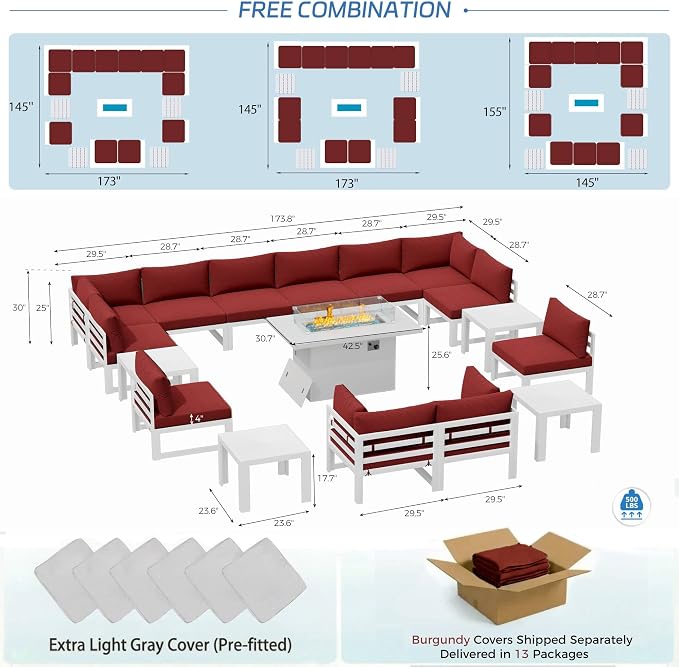 NICESOUL 12 People Large Luxury Aluminum Outdoor Sectional Sofa, L Shaped Modular Patio Furniture Set with Fire Pit Table & Side Table, 500 lbs Heavy Duty Conversation Couch for Poolside, Burgundy