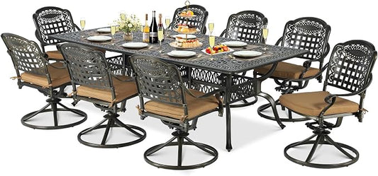9-Piece Patio Cast Aluminum Dining Set, Outdoor Table and Chairs Set for 8, Includes 94.5" Rectangular Dining Table and 8 Swivel Rocker Chairs with Umbrella Hole for Lawn Garden, Tan