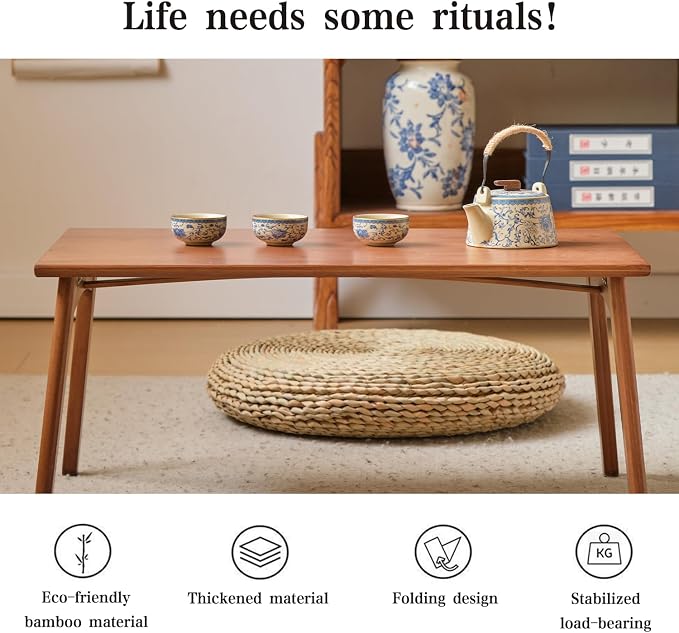 JIKUGO Bamboo Folding Coffee Table No Assembly Required Japanese Floor Table for Bedroom Living Room, Walnut, 26 x 15.8 x 11.8 Inches