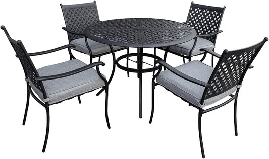 Garden Elements 5-Piece Outdoor Patio Dining Set – 42" Round Table with Umbrella Hole & 4 Armrest Chairs with Cushions – Weather-Resistant Steel, Black/Gray