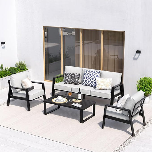 Aluminum Outdoor Patio Furniture Set, 4 Piece Sectional Coversation Sets with Coffee Table, Modern Outdoor Sofa Couch with Thick Cushions for Porch, Balcony, Garden, Light Grey