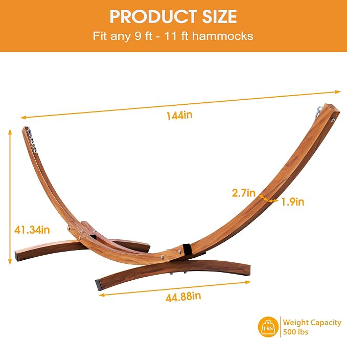 Lazy Daze Hammocks 12 Ft Curved Hammock Stand with Chains, Metal Double Weather-Resistant Steel Heavy Duty Arc Hammock Base 500 LB Capacity for Outside, Patio, Wood Grain