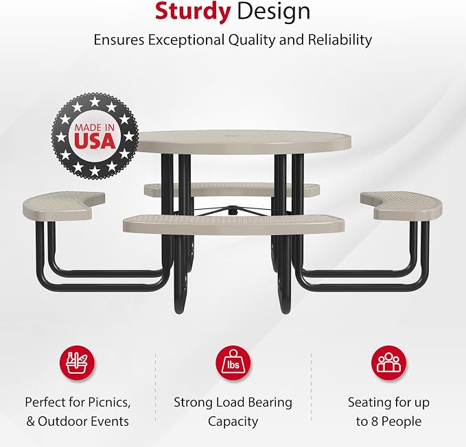 Leisure Craft Metal Picnic Table with Bench - 46" Round Outdoor Dining Table for 8 with Umbrella Hole, Weatherproof Heavy Duty Thermoplastic Coating, Commercial Grade Furniture Made in USA - Beige