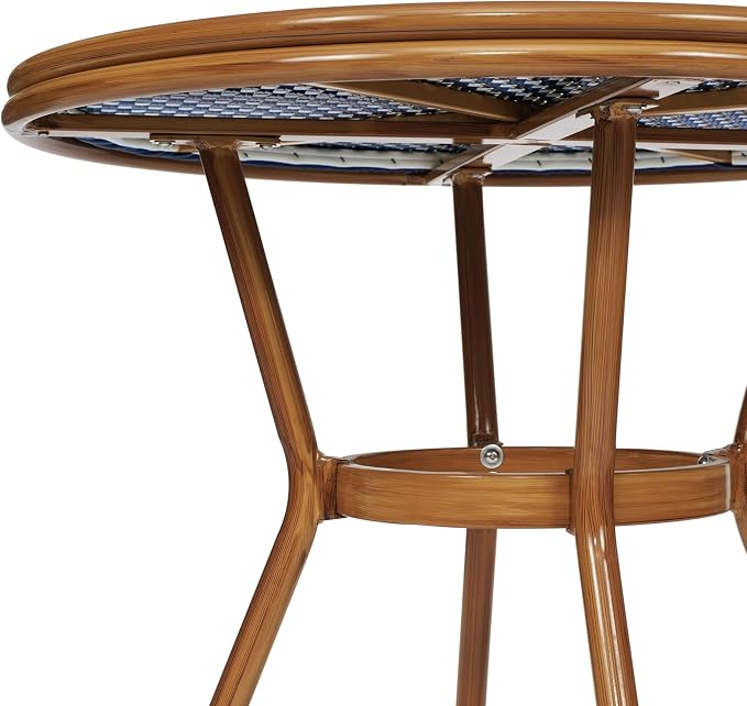 Flash Furniture Lourdes Indoor/Outdoor Commercial Bistro Table - Tempered Glass Top - PE Rattan - Natural Bamboo Print Aluminum Frame - 31.5" - Navy/White