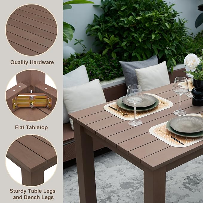 59" Outdoor Dining Table, 6-Person Rectangular Poly Lumber Patio Table, Heavy Duty 800lbs Capacity, Anti-Fade All-Weather HDPE Table, Low Maintenance, for Garden, Backyard, Porch, Indoor & Outdoor Use