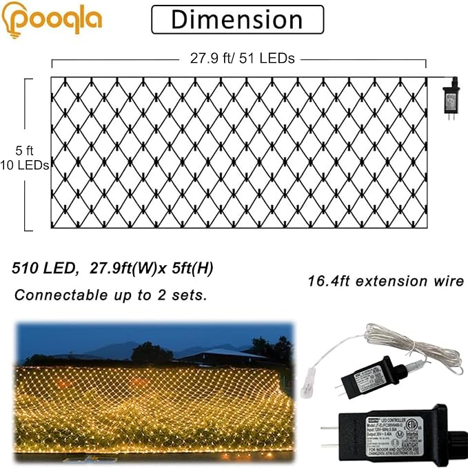 Warm White Net Lights, 28x 5ft Christmas Lights Outdoor Clear Wire | 510 LED Large Net Mesh Lights Plug in, 8 Modes Waterproof Connectable Bushes Lights for Christmas Hedge Yard Decor