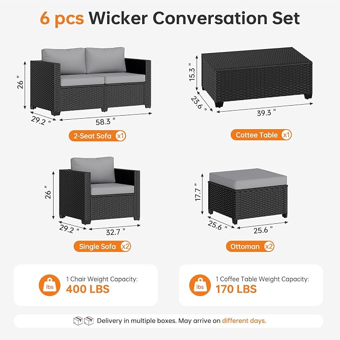 LazySunsets 6-Piece Outdoor Patio Furniture Set, Rattan Outdoor Sectional with Thick Waterproof Cushions, Wicker Ottomans & Waterproof Cover, Patio Conversation Set for Garden, Backyard, Grey