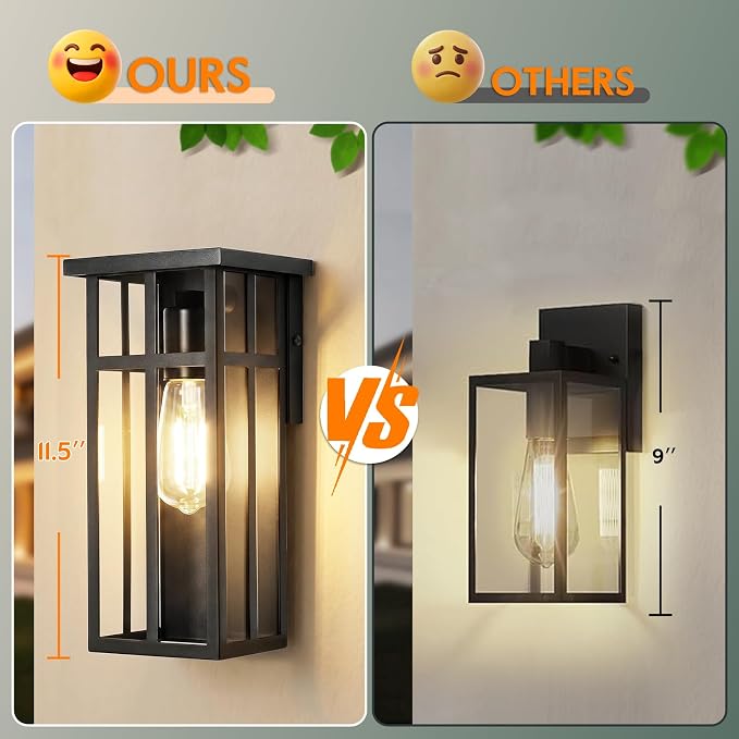 Outdoor Wall Light Fixtures, Modern Black Porch Wall Lanterns | Waterproof Construction & Durable Metal, Rust-Resistant, Quick & Easy Installation, Clear Glass Shades & Standard E26 Socket