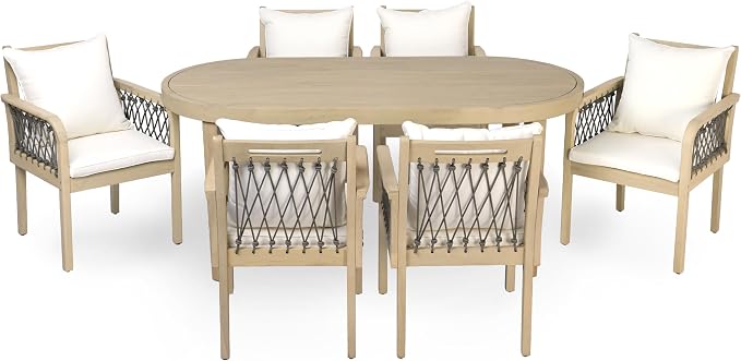 Christopher Knight Home Domac Acacia Wood Dining Table Set for 6, Solid Wood Outdoor Dining Set for 6, Oval Patio Dining Table and Chair Set with Cushion & Rope Accent, Cream Beige+Grey+Light Teak