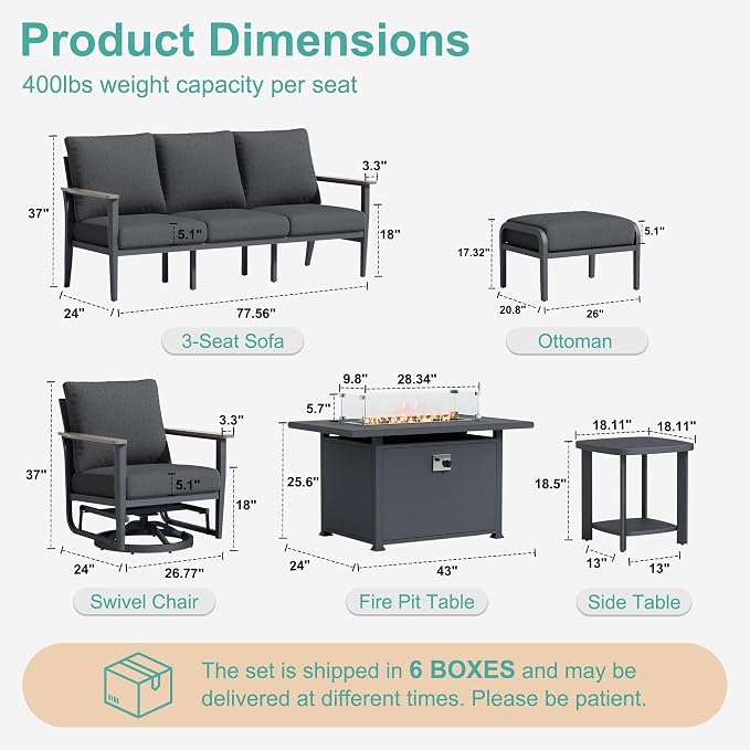 Aluminum Outdoor Patio Furniture Set with Swivel Rocking Chairs 9-Seat, Patio Sectional Sofa with Ottomans Patio Conversation Set with 55,000 BTU Fire Pit Table & High Backrest, Dark Grey