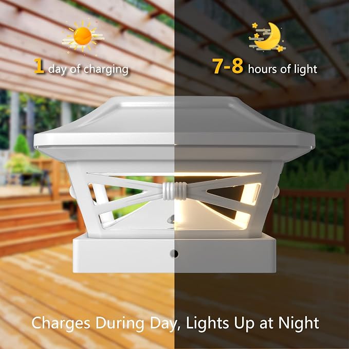 Davinci Renaissance Solar Outdoor Post Cap Lights, 4x4 5x5 6x6, Bright, 4PK | Pearl White, fence/deck/garden/patio posts, UV fade-protected plastic, auto-on, 7-8h runtime, cordless, IP44, 25lm warm white