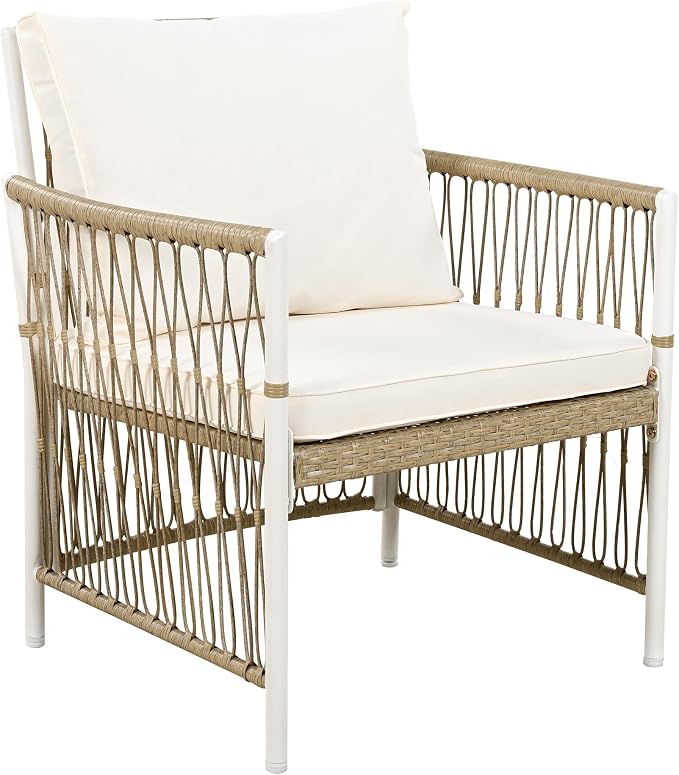 Merax 5 Piece Patio Dining Set, Outdoor Acacia Wood 67 Inch Dinning Table with Sturdy Legs and 4 Rattan Arm Chairs w/Cousions & Pillows for Backyard,Balcony, Garden, Poolside, Natural