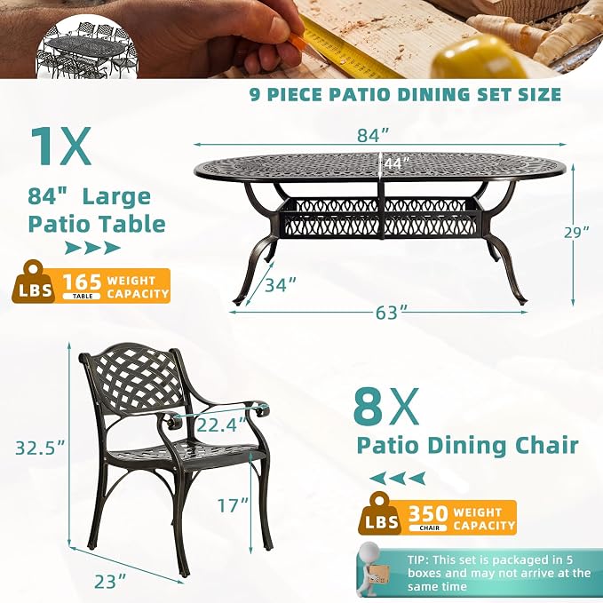 MEETWARM 9-Piece Outdoor Patio Dining Set, 8 Outdoor Dining Chairs and 1 Oval Table with 2" Umbrella Hole, All Weather Cast Aluminum Patio Funiture Set for Backyard, Garden, Patio