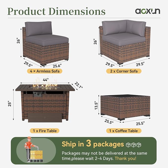 Aoxun 8 Piece Patio Furniture Set with 44” Fire Pit Table Wicker Rattan Outdoor Sectional Sofa Set with Coffee Table and Thickened Cushions, Gray