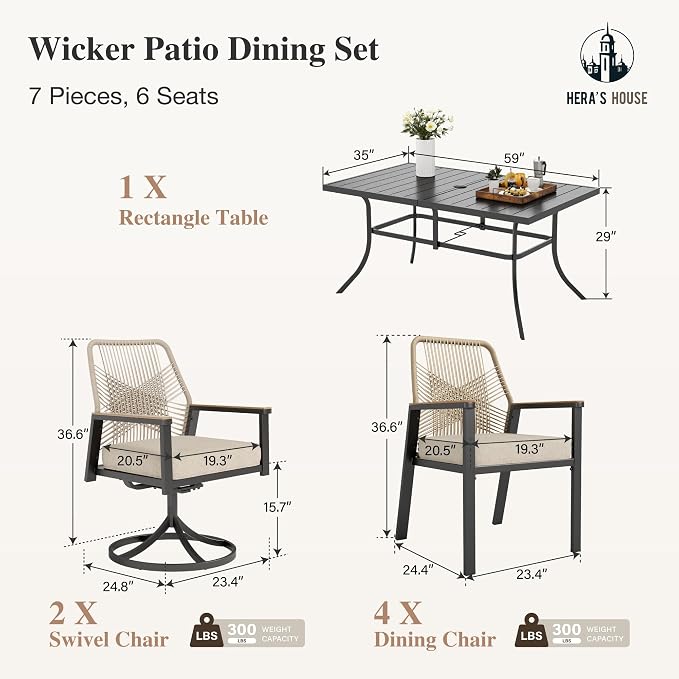 HERA'S HOUSE 7pc Patio Dining Set, 59" Metal Table & Rattan Swivel Chairs | Rectangular table with umbrella hole, cushioned chairs. Waterproof, rust-resistant, all-weather for backyard, porch.