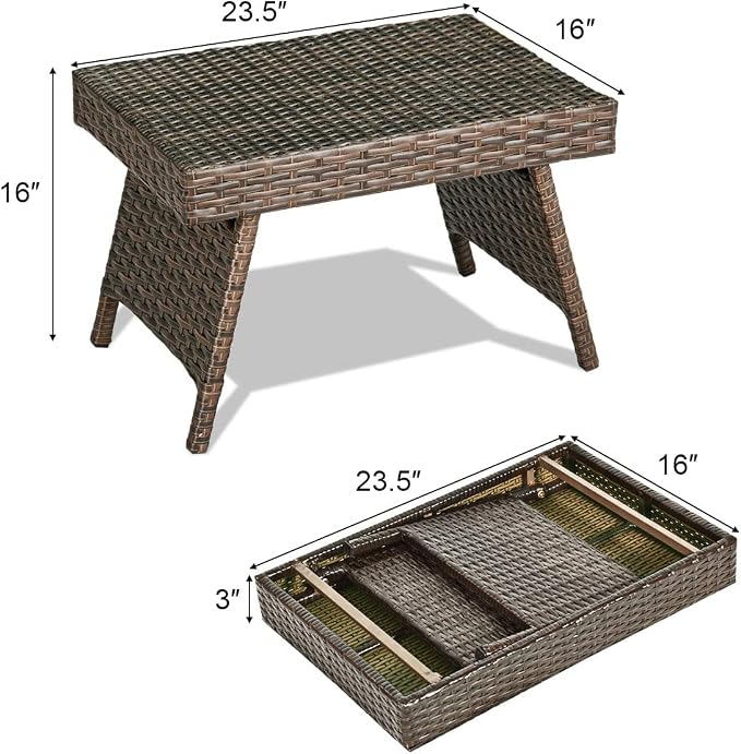 HAPPYGRILL Outdoor Wicker Table Folding Rattan Standing Coffee Side Table for Patio Lawn Bistro Poolside Garden