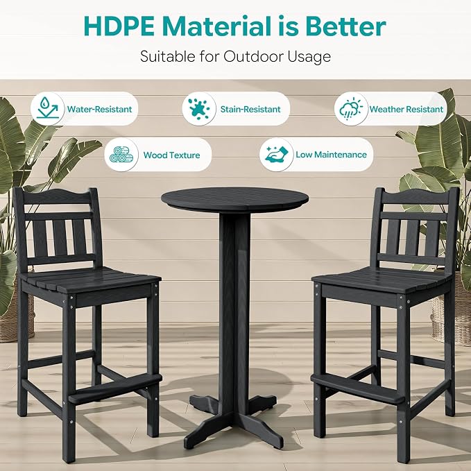 Outdoor Bar Stools Set of 2, HDPE Tall Adirondack Bar Chairs 27.5 Inch Seat Height w/Backrest, All Weather Patio Bar Height Chairs for Bistro Balcony Deck Poolside (Black)