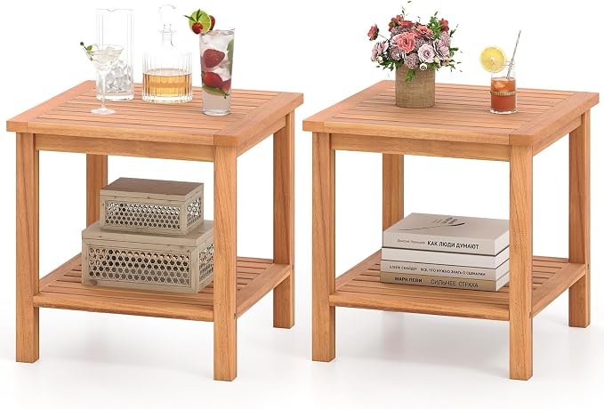 Tangkula Outdoor Side Table, 2-Tier Acacia Wood Square End Table with Slatted Tabletop & Storage Shelf, Indoor Outdoor Wooden Accent Bistro Patio Table for Backyard, Poolside, Garden, Natural (2)