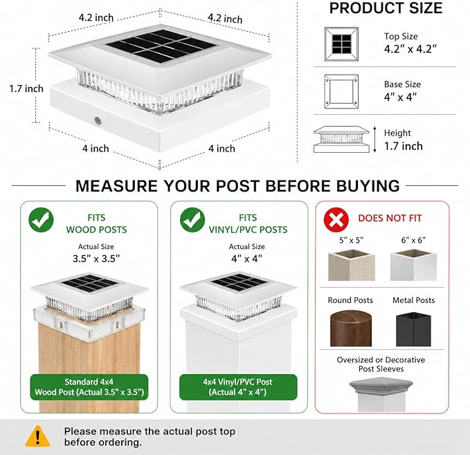 16 Pack Solar Post Cap Lights 4x4, Dual-Color Waterproof Fence Post Solar Lights, Fits 4x4 Vinyl or 3.5x3.5 Wood Posts, Dusk to Dawn Outdoor Lighting for Deck, Garden & Porch Decor, White