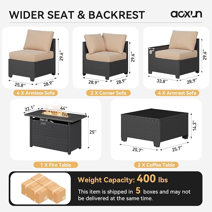 Aoxun Patio Furniture Sets with 44'' Fire Pit, 13 Pcs Outdoor Patio Coversation Set with 4in Thicken Cushion, Widen Armrests Wicker Outdoor Sectional for Backyard, Beige