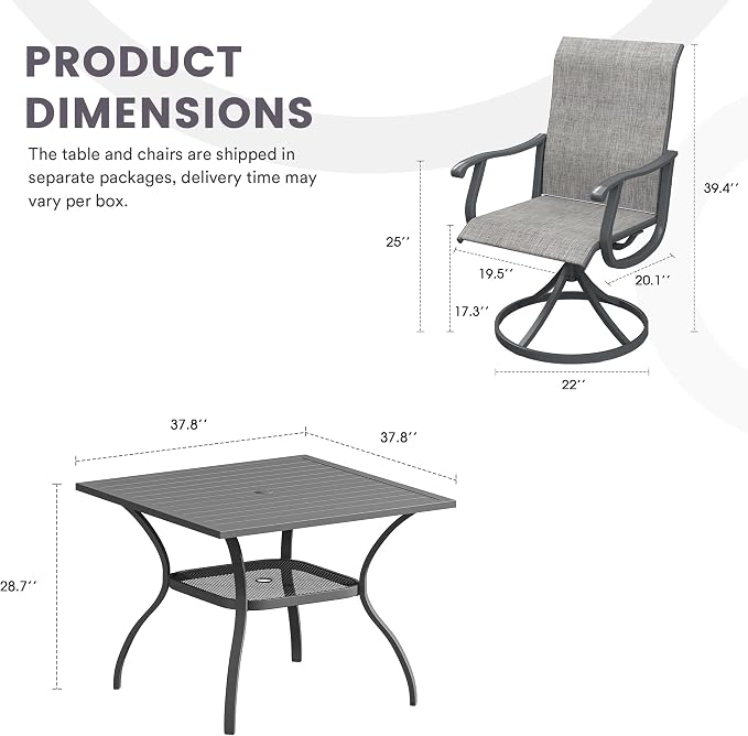 5 Pieces Patio Furniture Dining Set, 4 Textilene Swivel Dining Chairs, 38" Outdoor Square Metal Table with 1.57" Umbrella Hole, Outdoor Dining Set for Porch, Lawn, Dark Grey/Grey