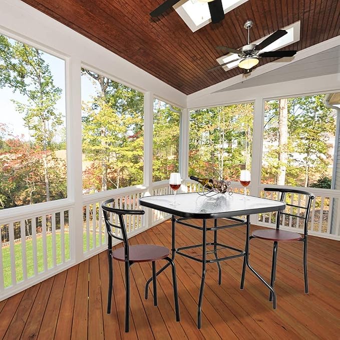Outdoor Dining Table, Patio Bistro Tempered Glass Table Top with Umbrella Hole, Outside Banquet Furniture for Garden Pool Side Deck Lawn (Square)